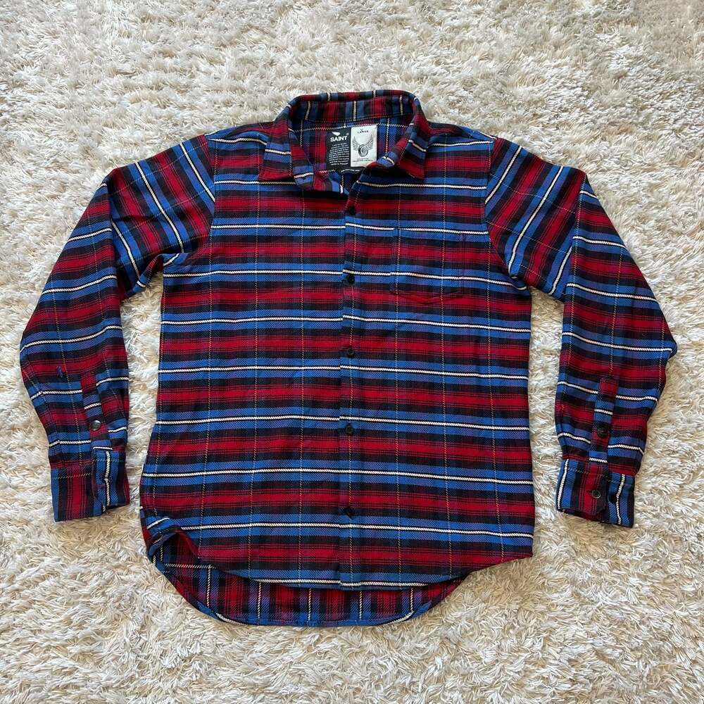 Saint CC Men's Motorcycle Red Blue Plaid Flannel Button Down Shirt Large